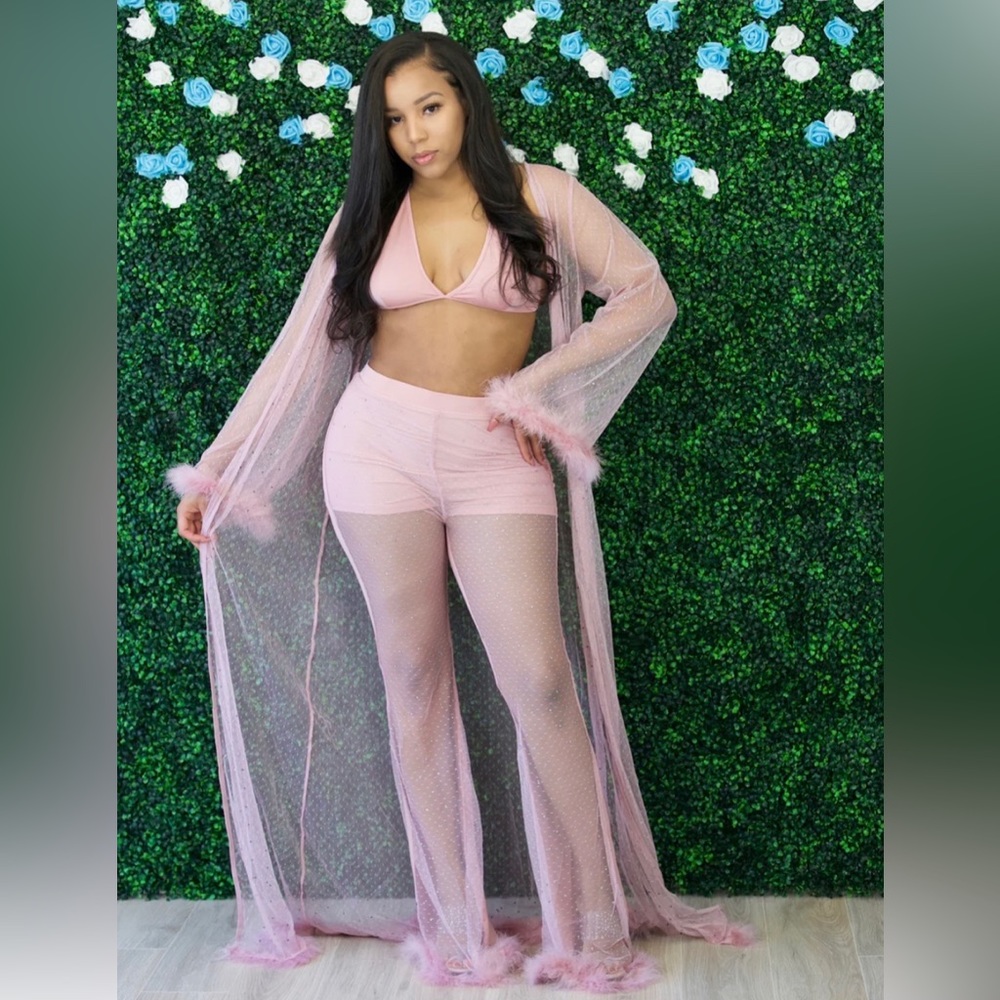 three piece set. Diamond studded & fur trimmed. pants & robe with matching bra